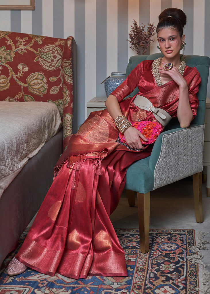Berry Red Copper Zari Woven Silk Saree with Sequence work Clothsvilla