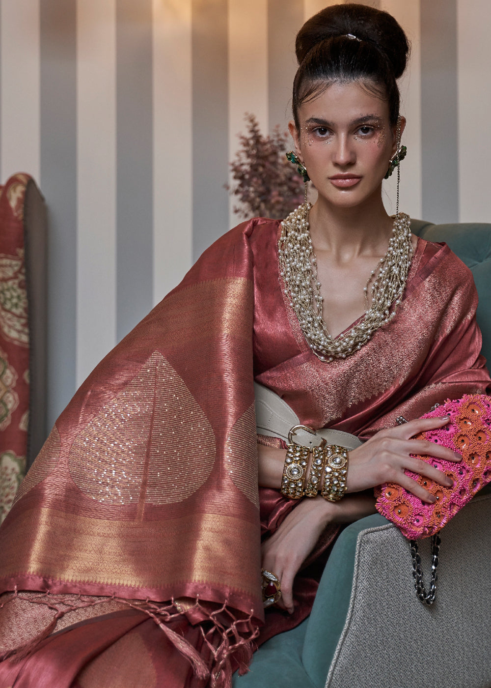 Berry Red Copper Zari Woven Silk Saree with Sequence work Clothsvilla
