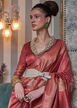 Berry Red Copper Zari Woven Silk Saree with Sequence work Clothsvilla