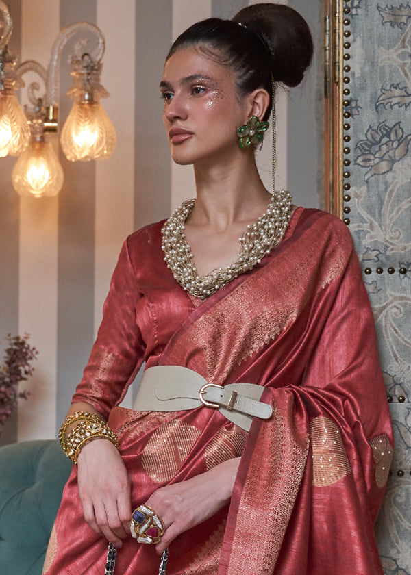 Berry Red Copper Zari Woven Silk Saree with Sequence work Clothsvilla