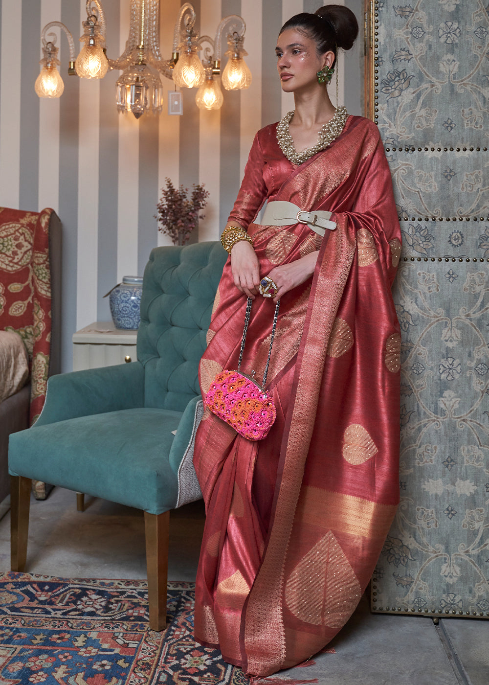 Berry Red Copper Zari Woven Silk Saree with Sequence work Clothsvilla Main image