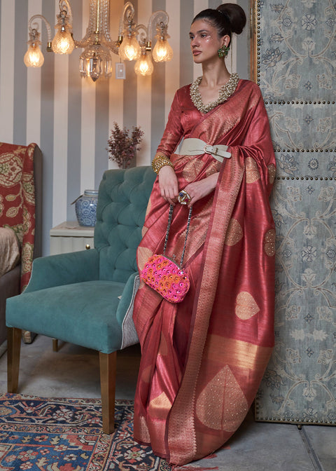 Berry Red Copper Zari Woven Silk Saree with Sequence work Clothsvilla Main image