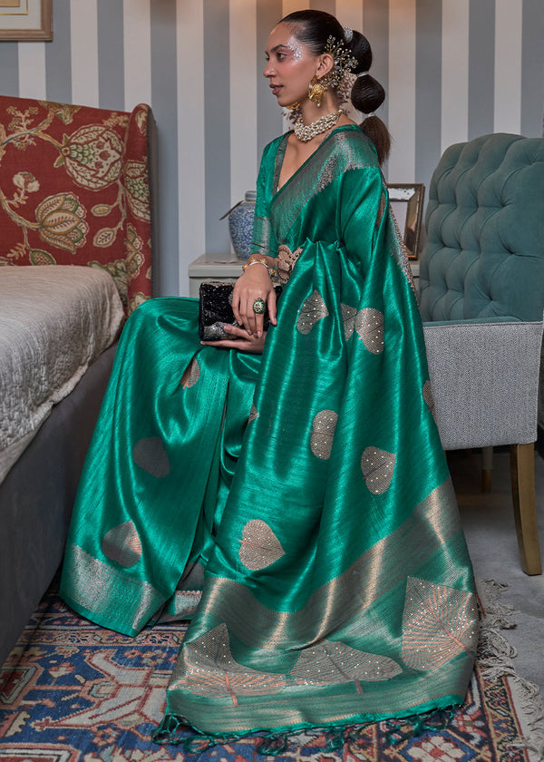 Jade Green Copper Zari Woven Silk Saree with Sequence work Clothsvilla