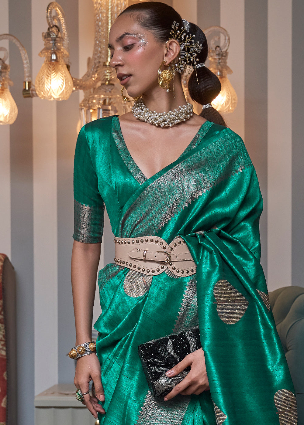 Jade Green Copper Zari Woven Silk Saree with Sequence work Clothsvilla
