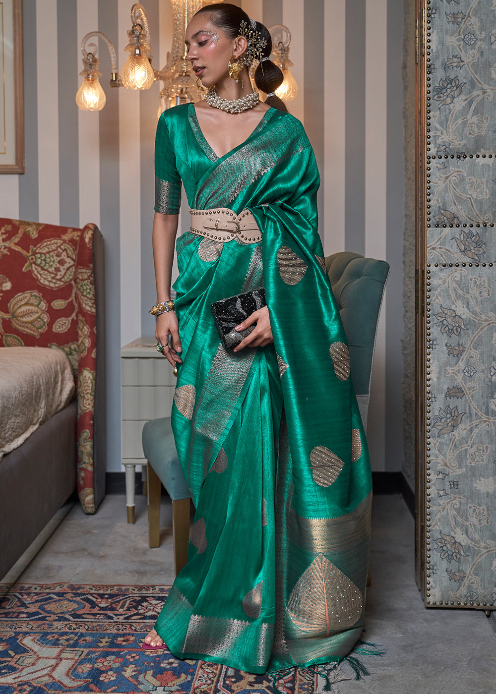 Jade Green Copper Zari Woven Silk Saree with Sequence work Clothsvilla Main image