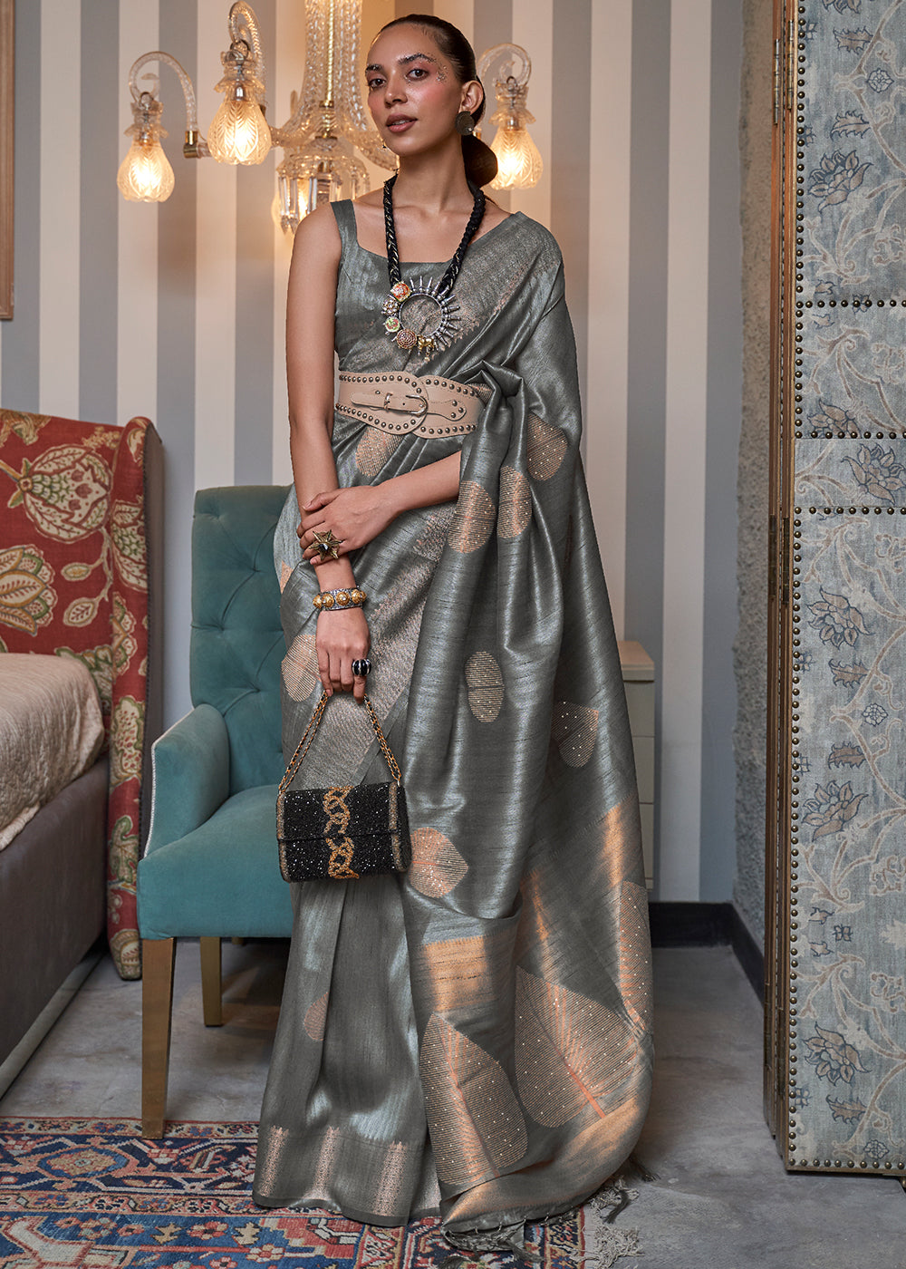 Steel Grey Copper Zari Woven Silk Saree with Sequence work Clothsvilla Main image