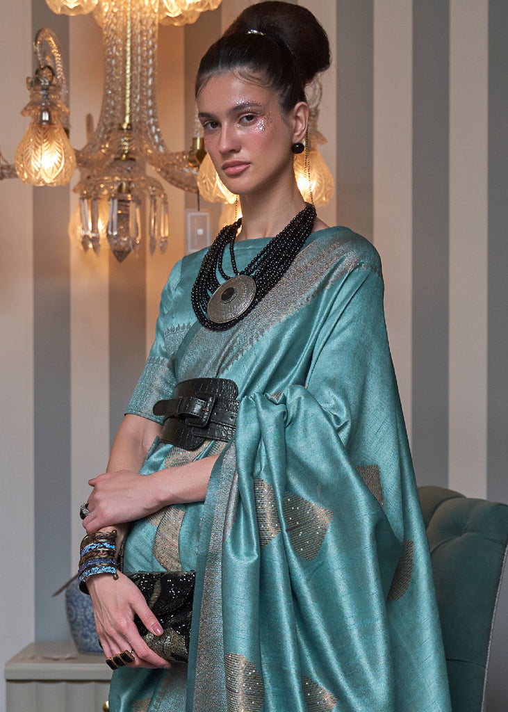 Curious Blue Copper Zari Woven Silk Saree with Sequence work Clothsvilla