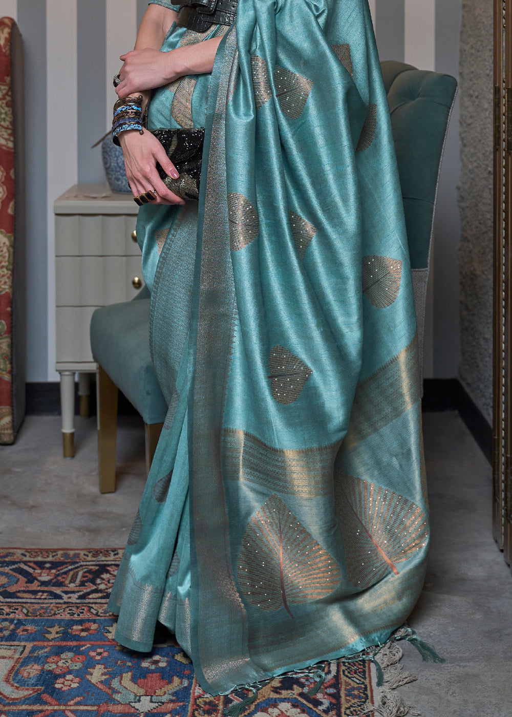 Curious Blue Copper Zari Woven Silk Saree with Sequence work Clothsvilla