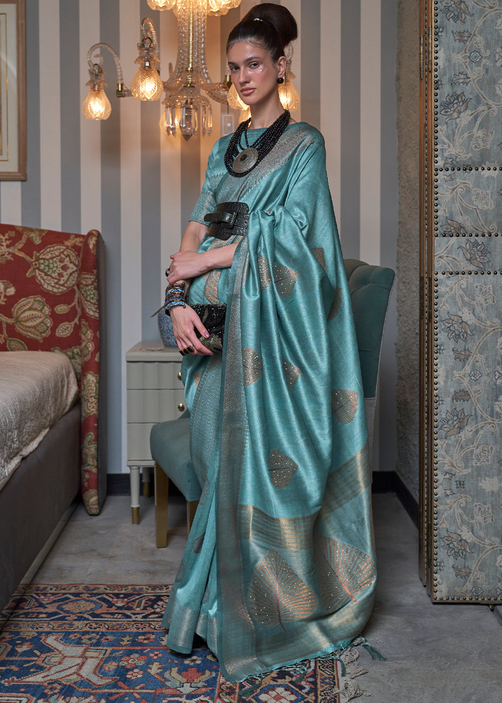 Curious Blue Copper Zari Woven Silk Saree with Sequence work Clothsvilla Main image