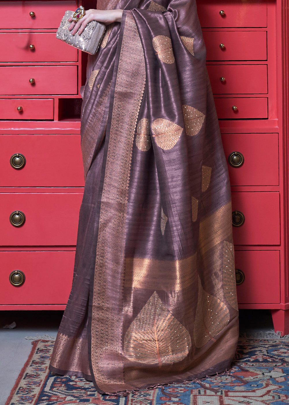 Mauve Purple Copper Zari Woven Silk Saree with Sequence work Clothsvilla