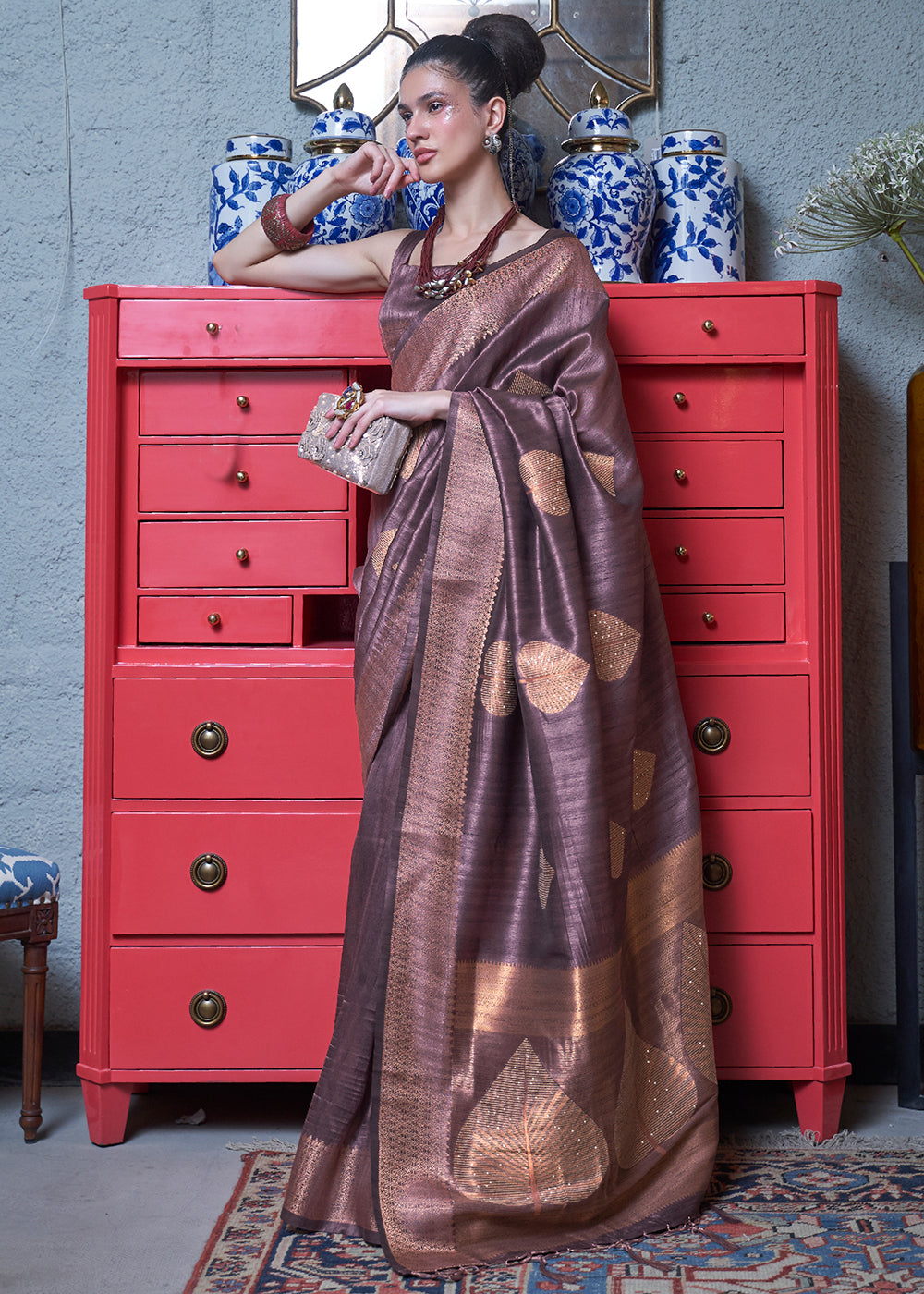 Mauve Purple Copper Zari Woven Silk Saree with Sequence work Clothsvilla Main image