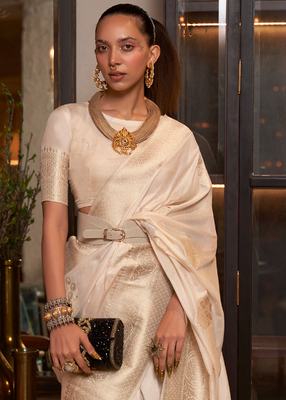 Ivory White Woven Khaddi Georgette Silk Saree Clothsvilla