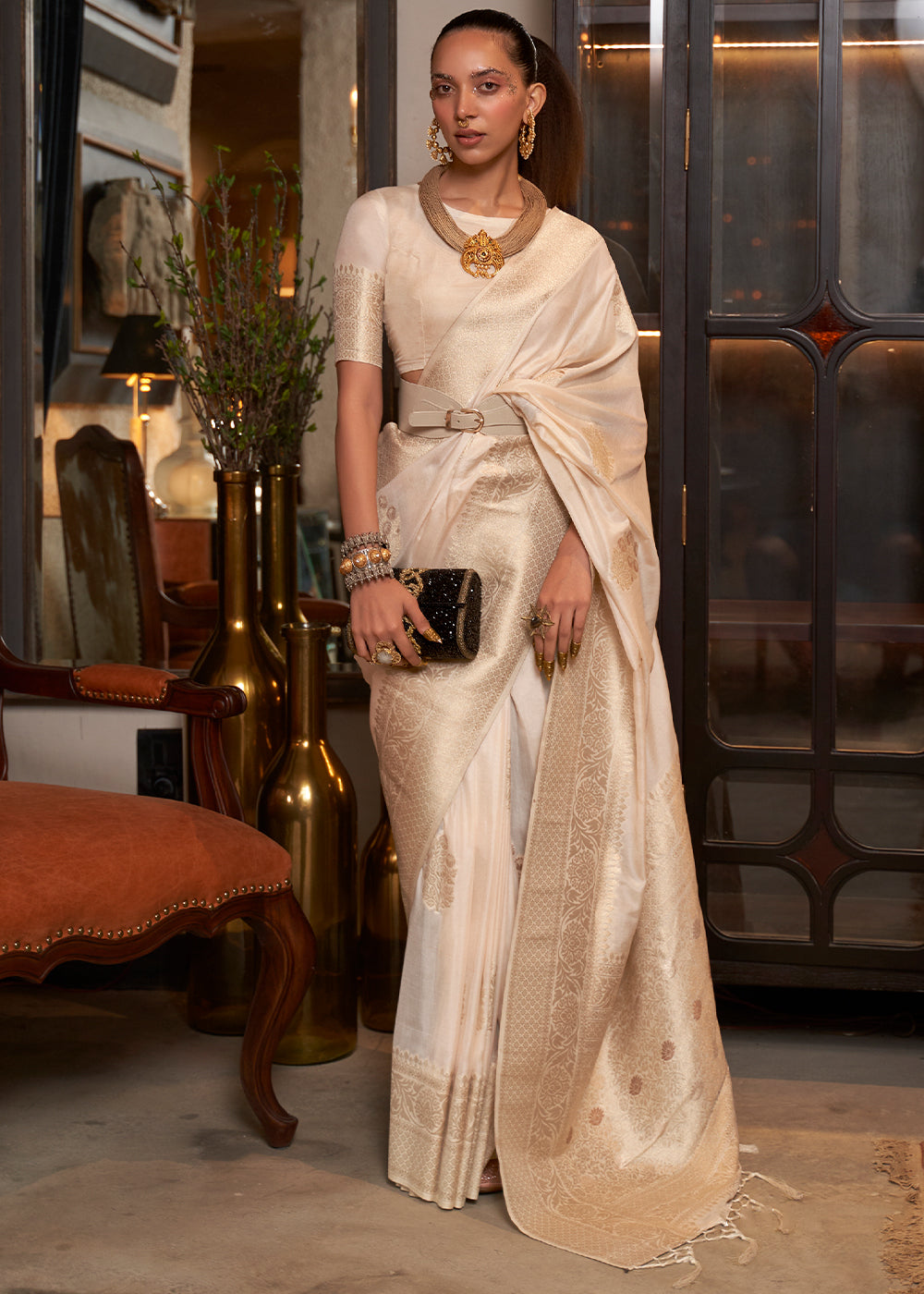Ivory White Woven Khaddi Georgette Silk Saree - Main Image