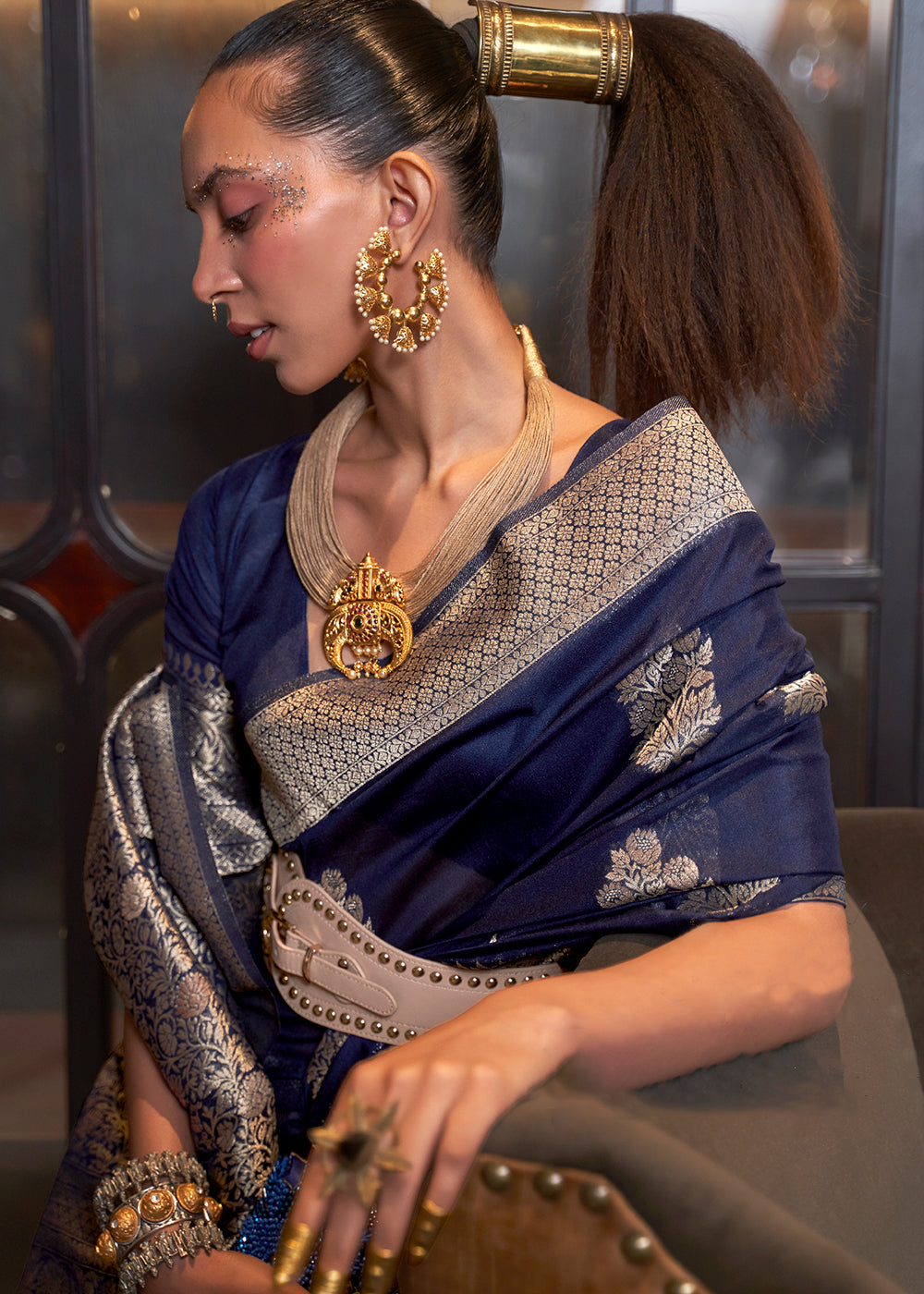 Indigo Blue Woven Khaddi Georgette Silk Saree Secondary image