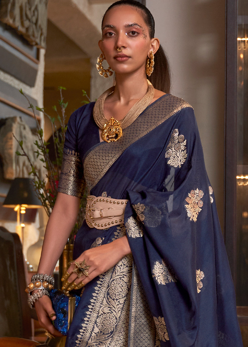 Indigo Blue Woven Khaddi Georgette Silk Saree Clothsvilla