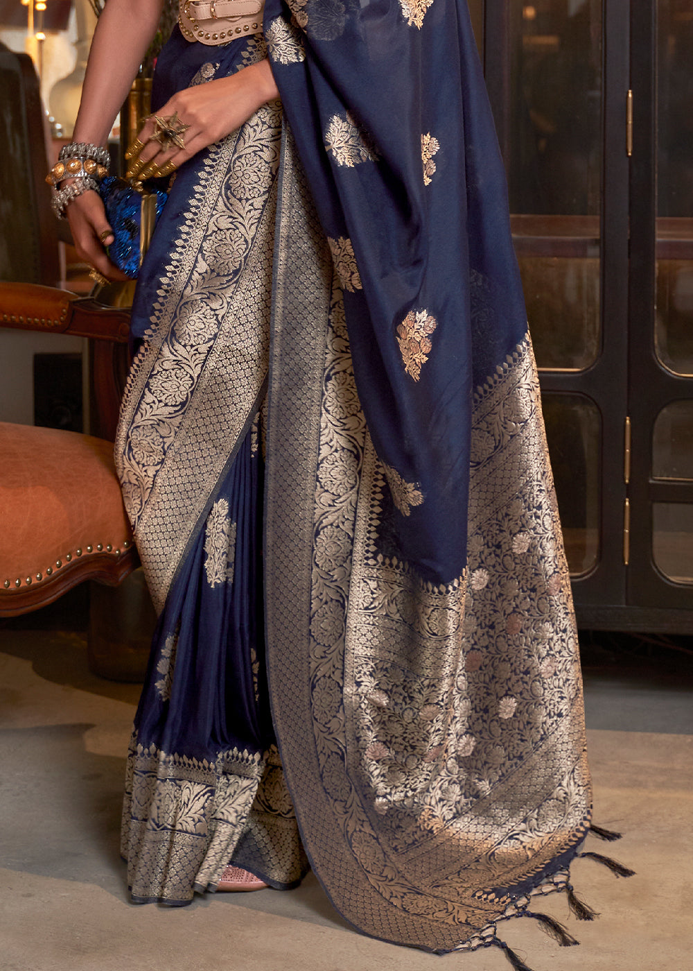 Indigo Blue Woven Khaddi Georgette Silk Saree Clothsvilla