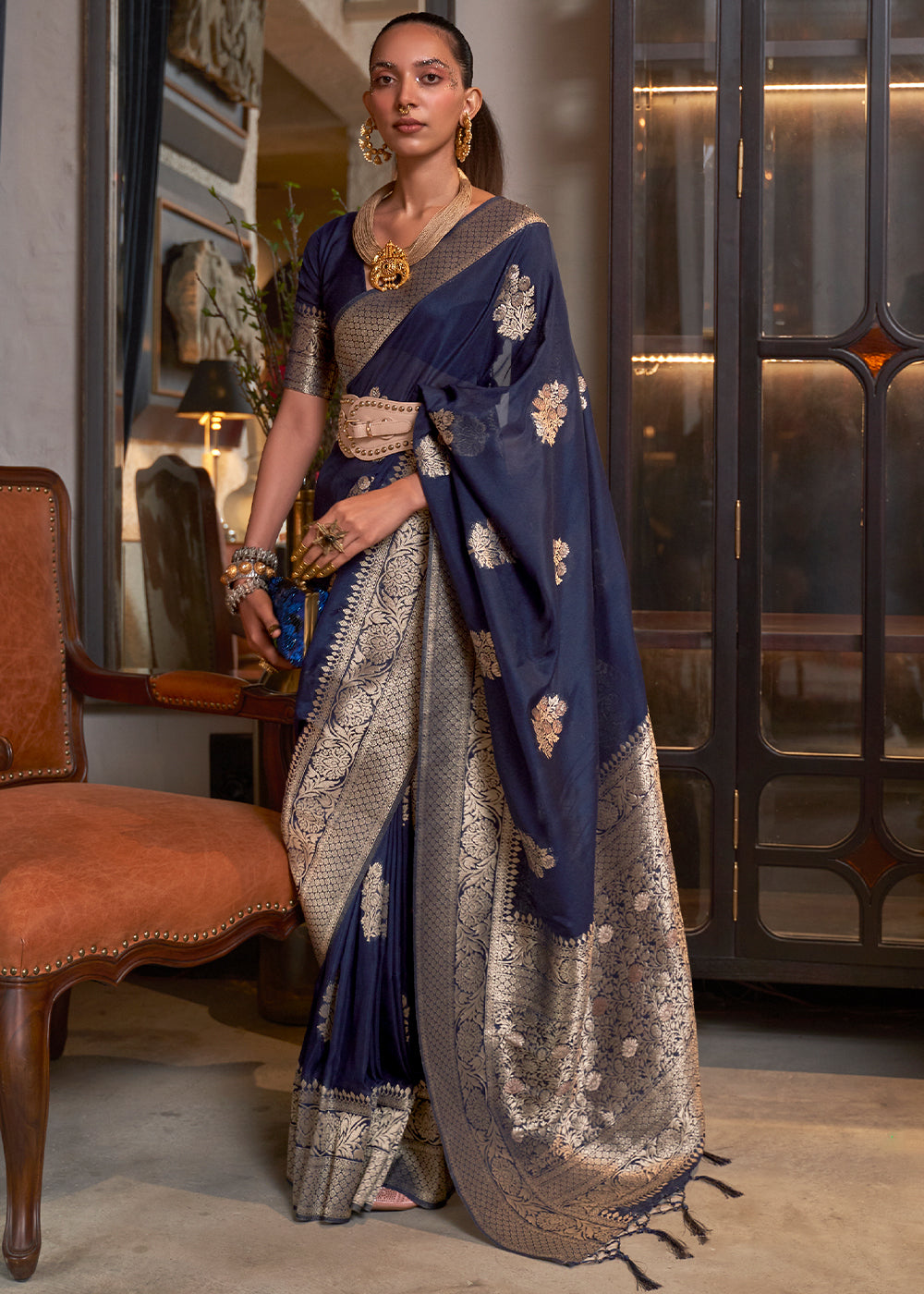 Indigo Blue Georgette Lurex Printed Saree Set Design by Sana Barreja at  Pernia's Pop Up Shop 2024