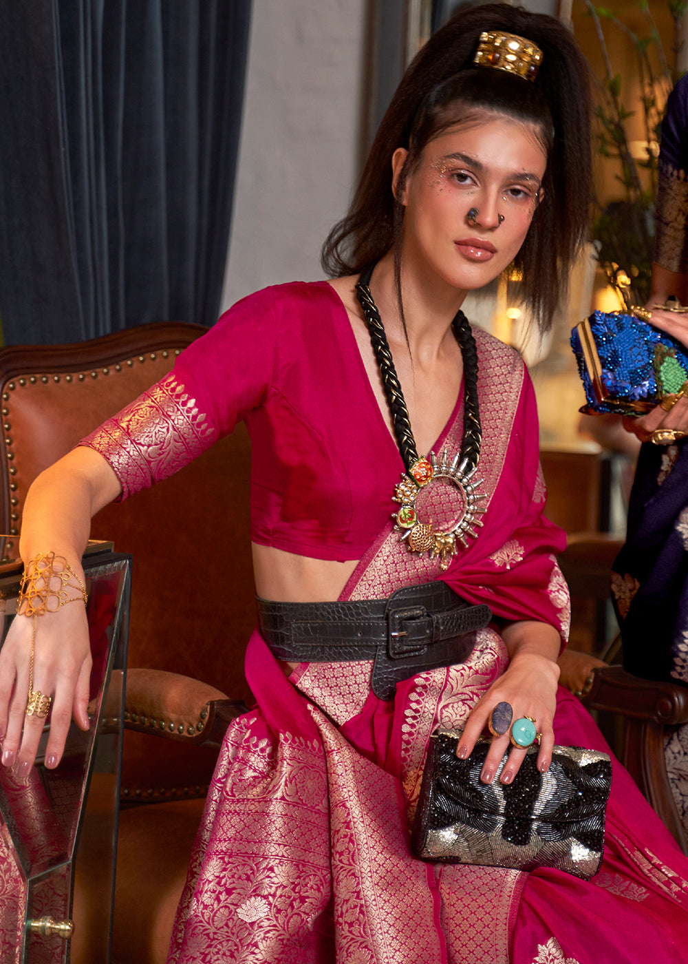 Cerise Pink Woven Khaddi Georgette Silk Saree Secondary image