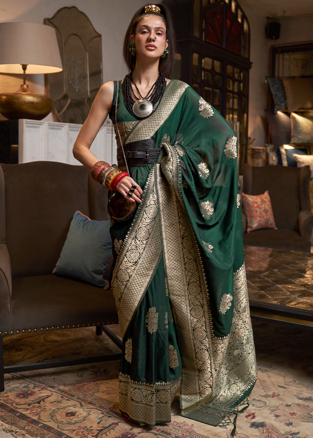 Sacramento Green Woven Khaddi Georgette Silk Saree Clothsvilla Main image