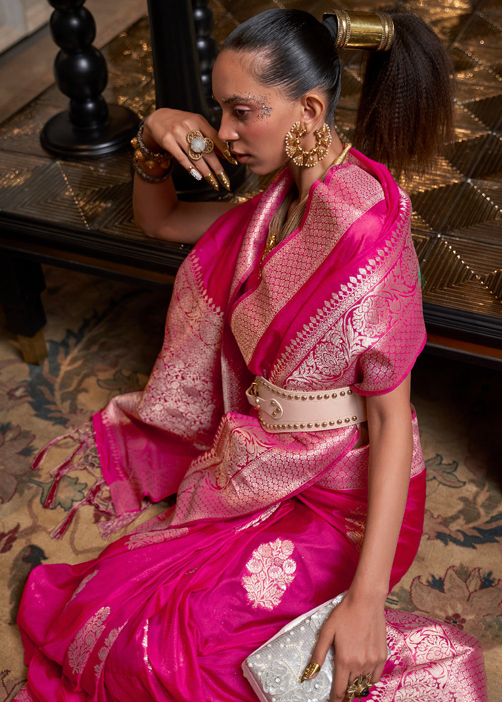 Hot Pink Woven Khaddi Georgette Silk Saree Secondary image
