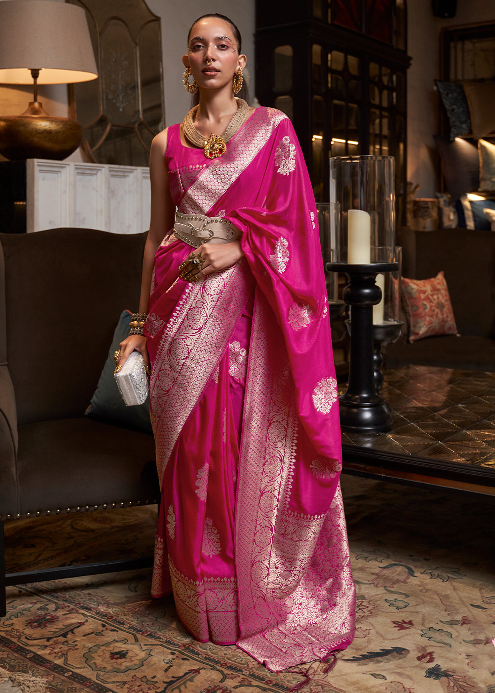 Hot Pink Woven Khaddi Georgette Silk Saree Clothsvilla Main image