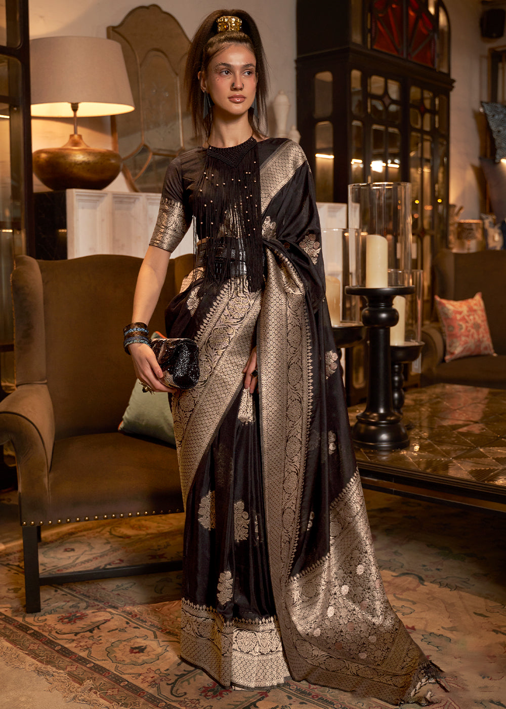 Raven Black Woven Khaddi Georgette Silk Saree Clothsvilla Main image
