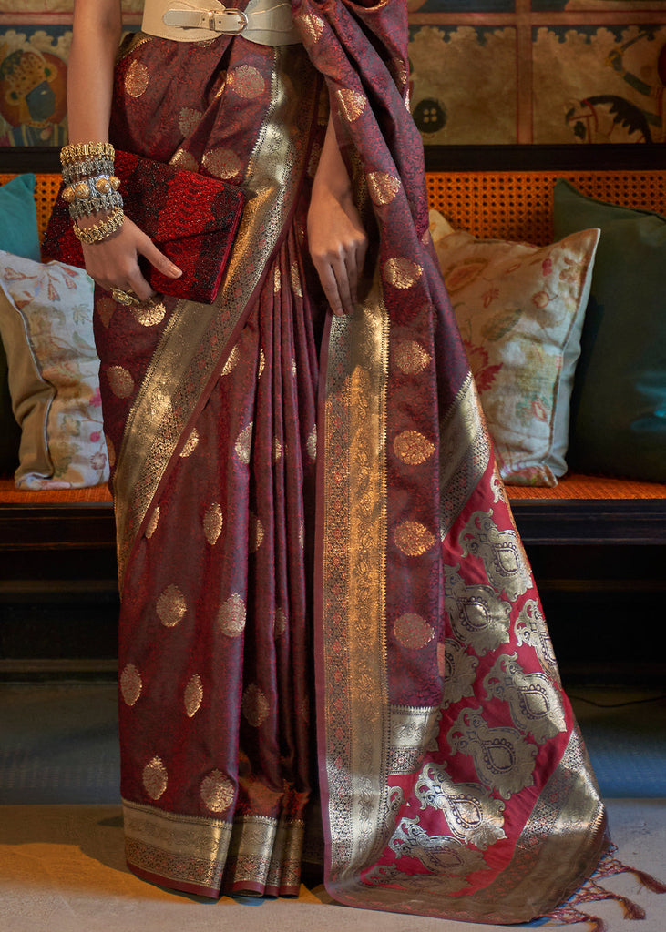 Pecan Brown Tanchoi Handloom Woven Satin Silk Saree Clothsvilla