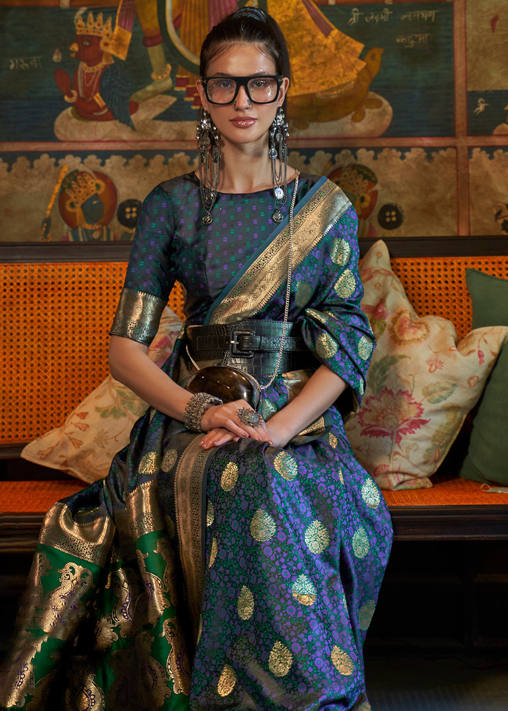 Prussian Blue Tanchoi Handloom Woven Satin Silk Saree Clothsvilla