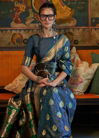 Prussian Blue Tanchoi Handloom Woven Satin Silk Saree Clothsvilla