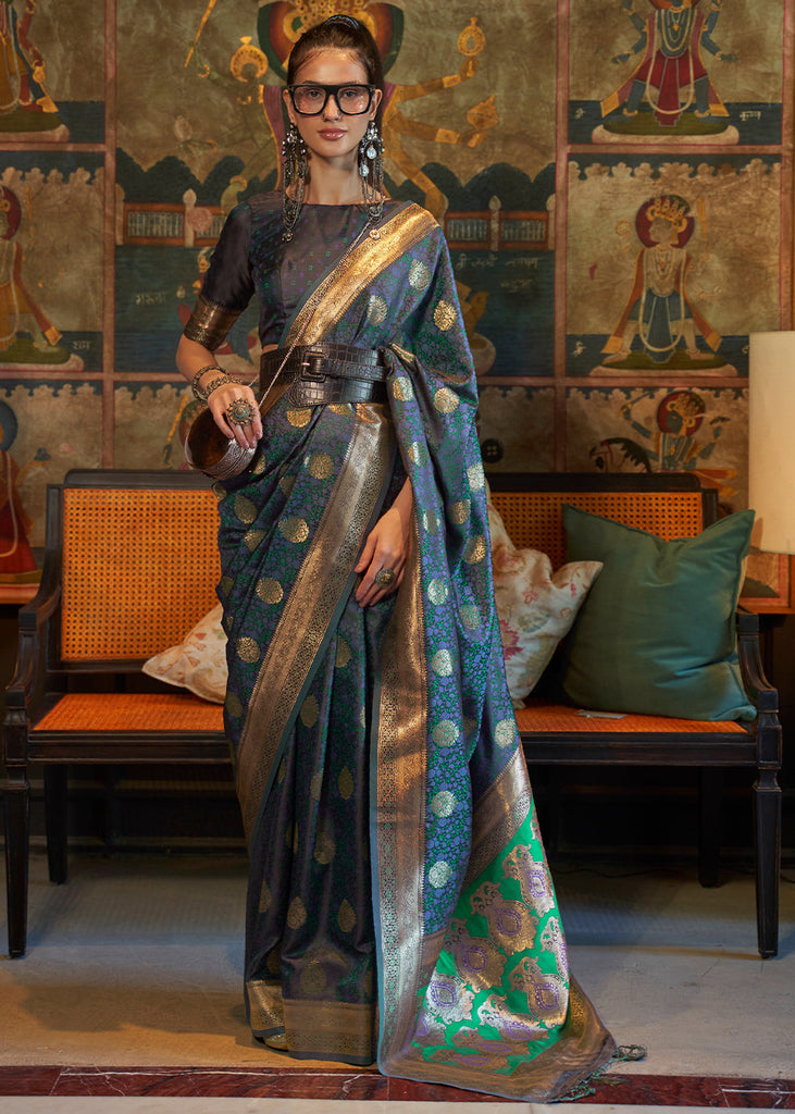 Prussian Blue Tanchoi Handloom Woven Satin Silk Saree Clothsvilla