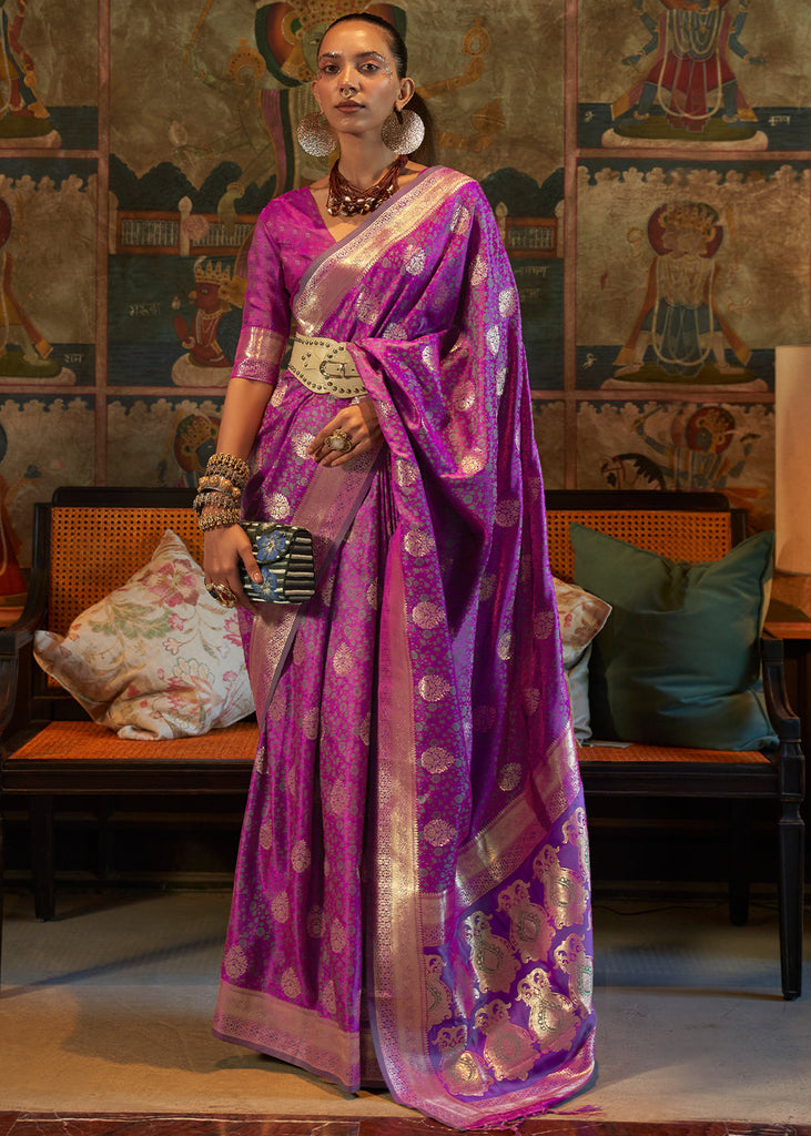 Blush Pink and Purple Dual Shade Handloom Woven Kanjivaram Silk Saree –  STORI