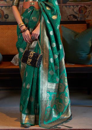 Teal Green Tanchoi Handloom Woven Satin Silk Saree Clothsvilla