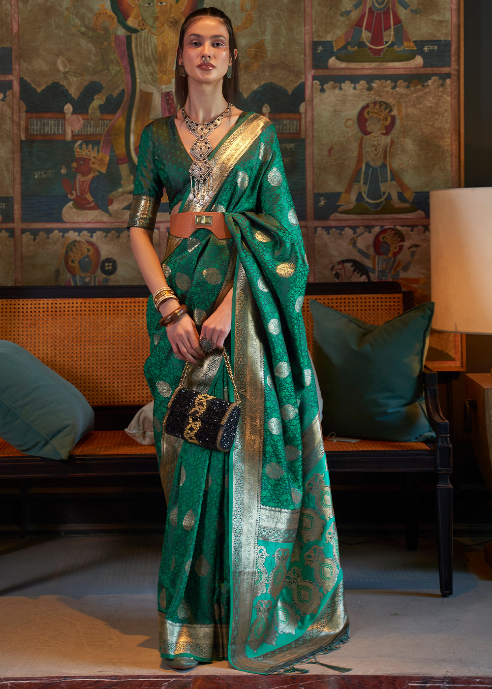 Teal Green Tanchoi Handloom Woven Satin Silk Saree Clothsvilla Main image