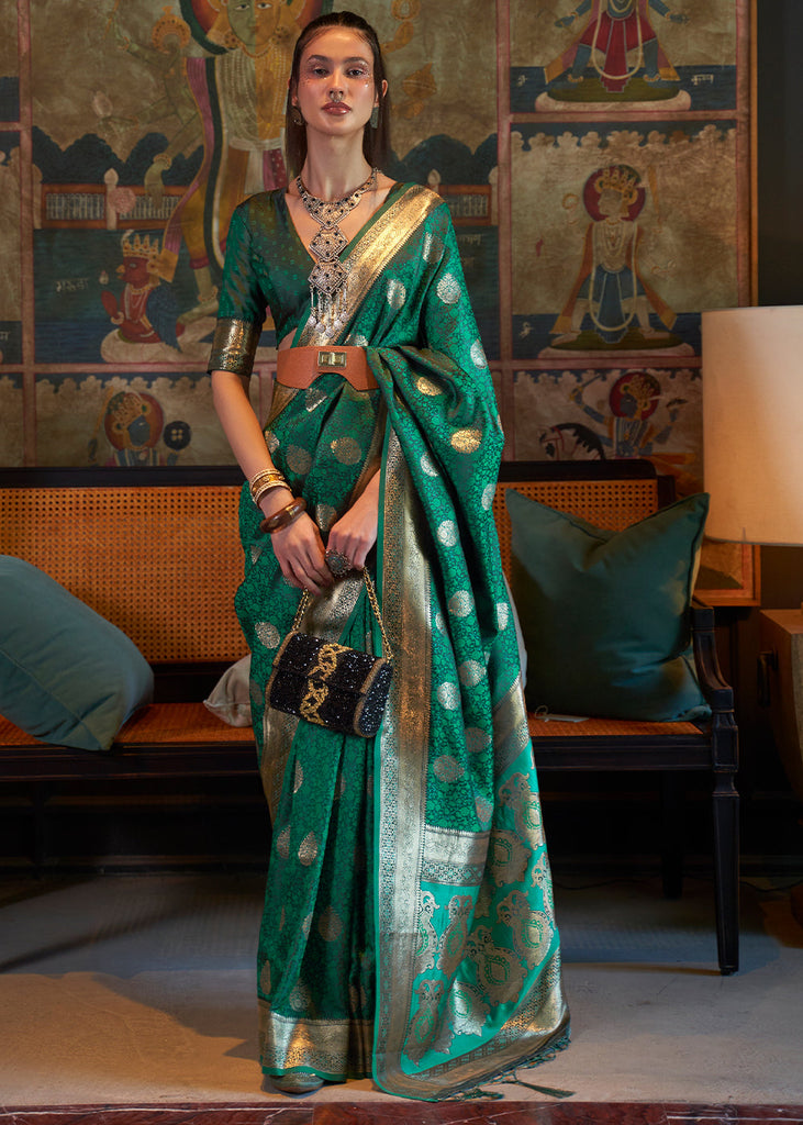 Teal Green Tanchoi Handloom Woven Satin Silk Saree Clothsvilla