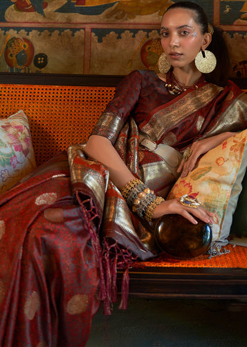Cinnamon Brown Tanchoi Handloom Woven Satin Silk Saree Clothsvilla