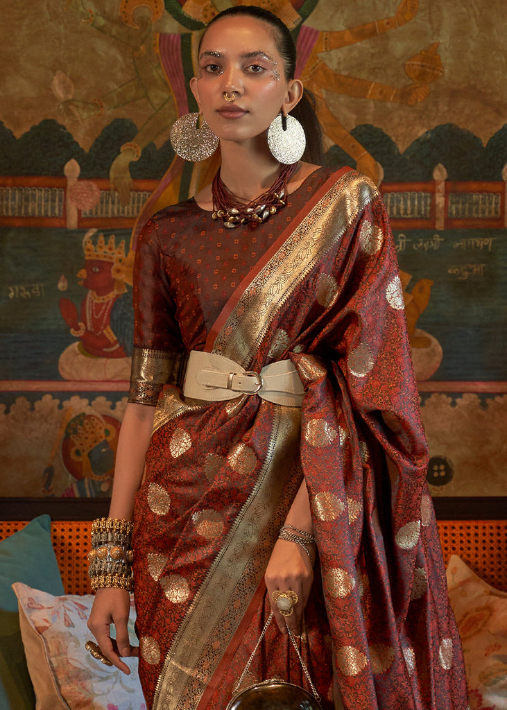 Cinnamon Brown Tanchoi Handloom Woven Satin Silk Saree Clothsvilla
