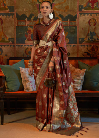 Cinnamon Brown Tanchoi Handloom Woven Satin Silk Saree Clothsvilla