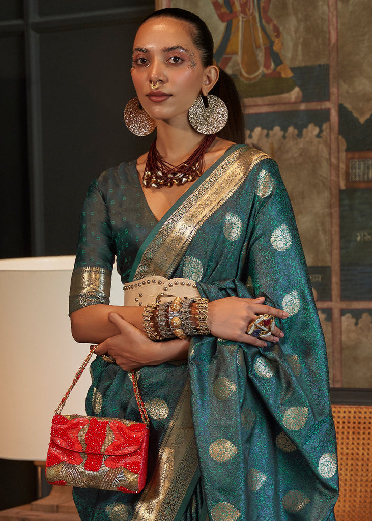 Indigo Dye Blue Tanchoi Handloom Woven Satin Silk Saree Clothsvilla