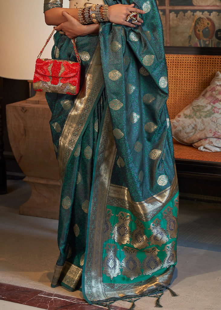 Indigo Dye Blue Tanchoi Handloom Woven Satin Silk Saree Clothsvilla