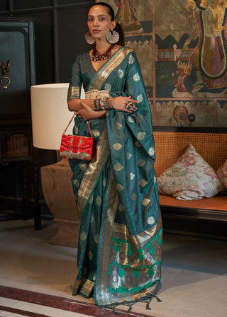 Indigo Dye Blue Tanchoi Handloom Woven Satin Silk Saree Clothsvilla