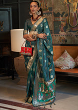 Load image into Gallery viewer, Indigo Dye Blue Tanchoi Handloom Woven Satin Silk Saree Clothsvilla