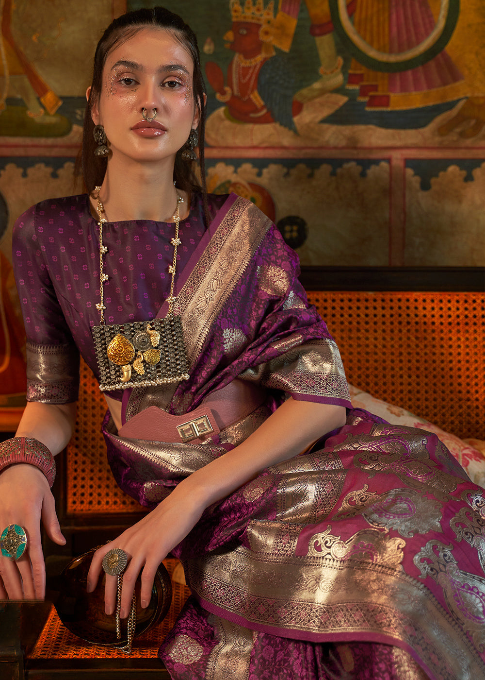 Tyrian Purple Tanchoi Handloom Woven Satin Silk Saree Secondary image