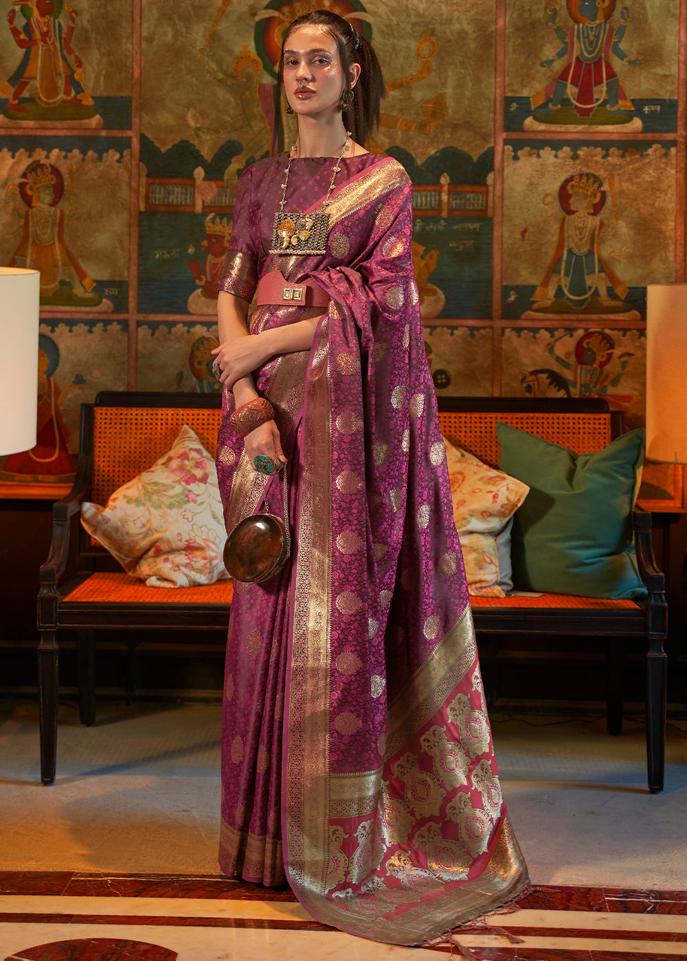 Tyrian Purple Tanchoi Handloom Woven Satin Silk Saree Clothsvilla Main image