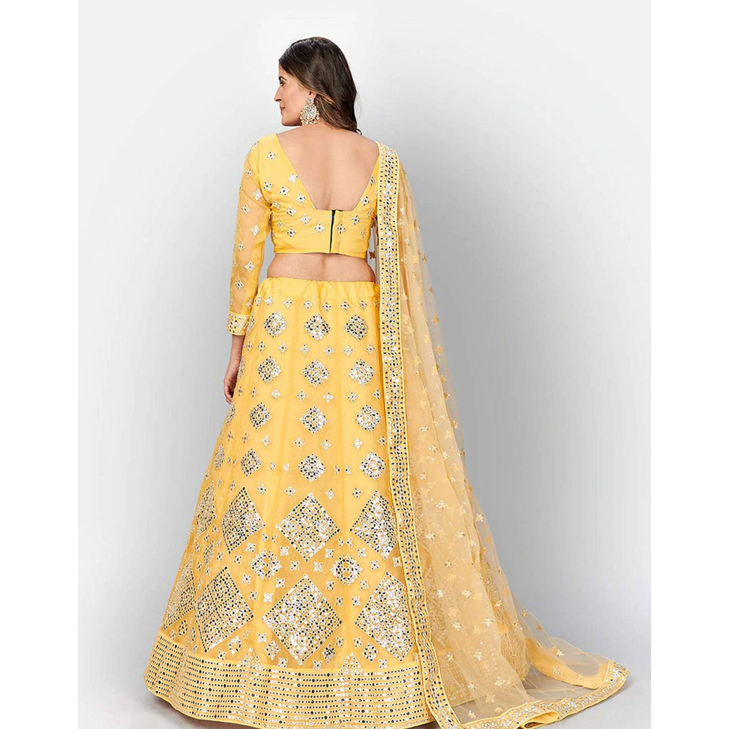 Mastrud Yellow Thread and Foil Mirror Cutwork Lehenga choli ClothsVilla