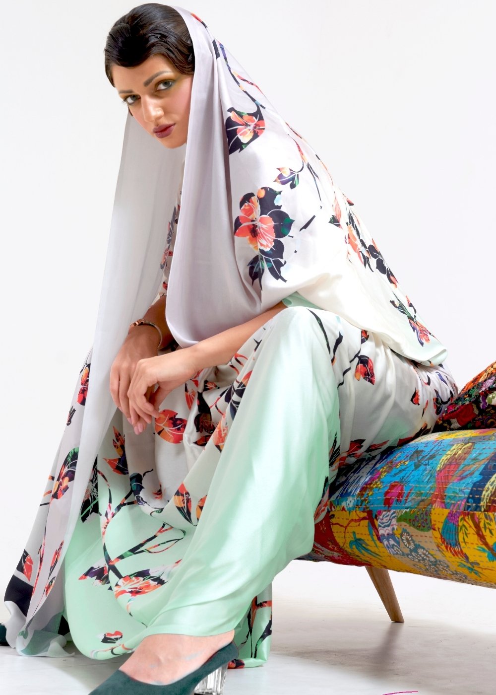 Multi Colored Digital Printed Satin Crepe Saree Secondary image