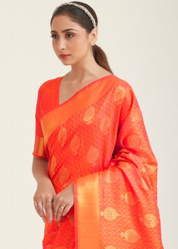 Fire Orange Zari Butta Woven Banasari Silk Saree Clothsvilla