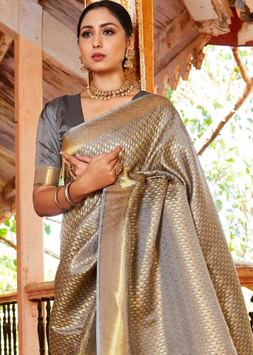 Dove Grey Woven Kanjivaram Saree:Limited Edition : Top Pick Clothsvilla
