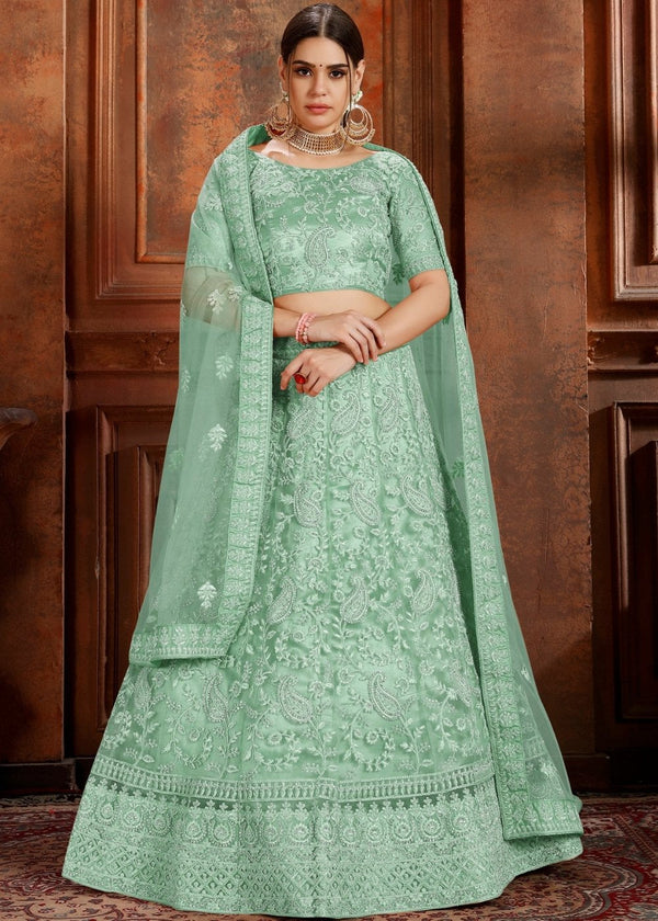 Pista Green Soft Net Lehenga Choli with Thread, Zarkan & Pearl work Clothsvilla