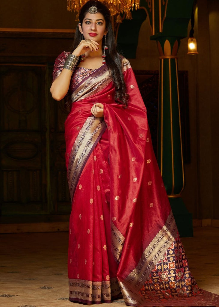 Cherry Red Woven Banarasi Silk Saree with Patola Pallu and Blouse Clothsvilla