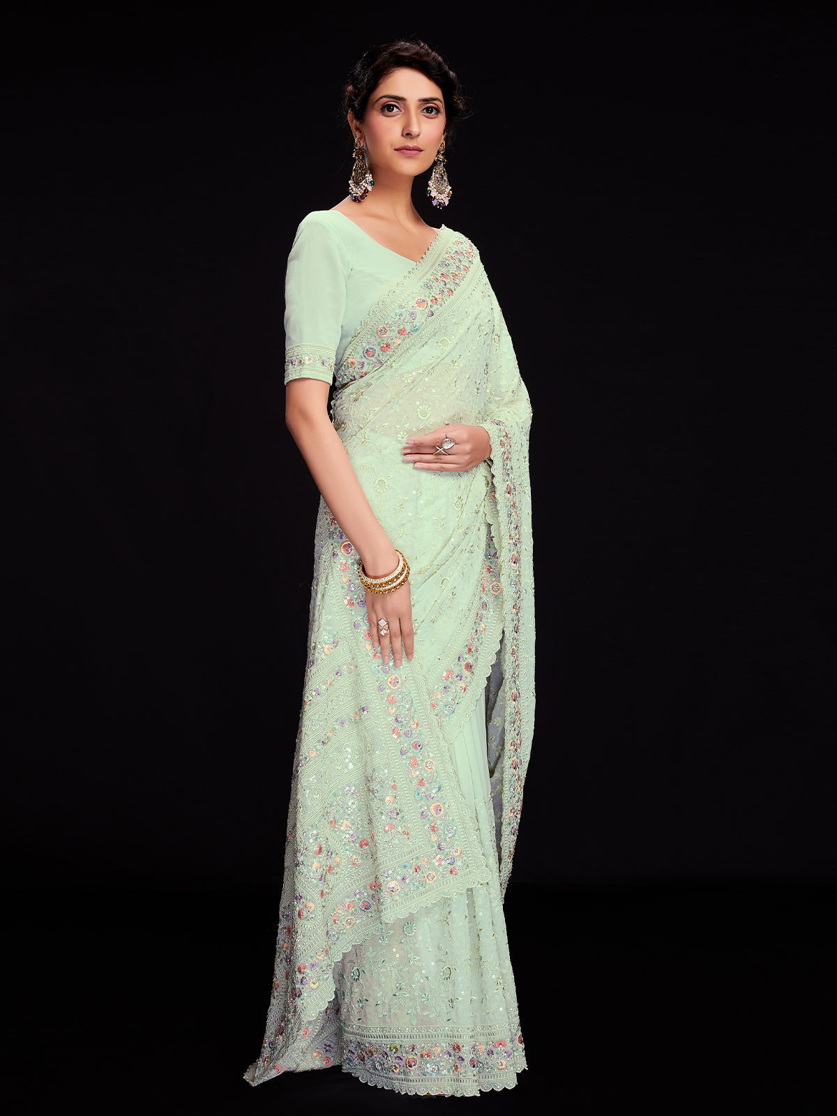Sea Green Georgette Embroidered Saree With Unstitched Blouse Clothsvilla